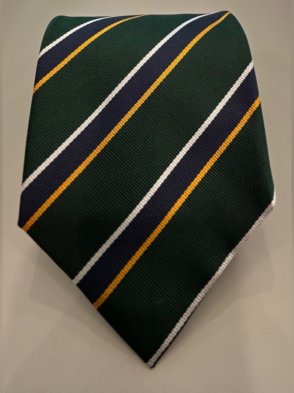 Vintage 90’s J. Crew 100% Silk Green Tie with Navy, Gold & White Diagonals